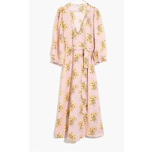 Madewell Linen-Blend Ruffle-Cuff Wrap Dress in Dutch Dandelions medium